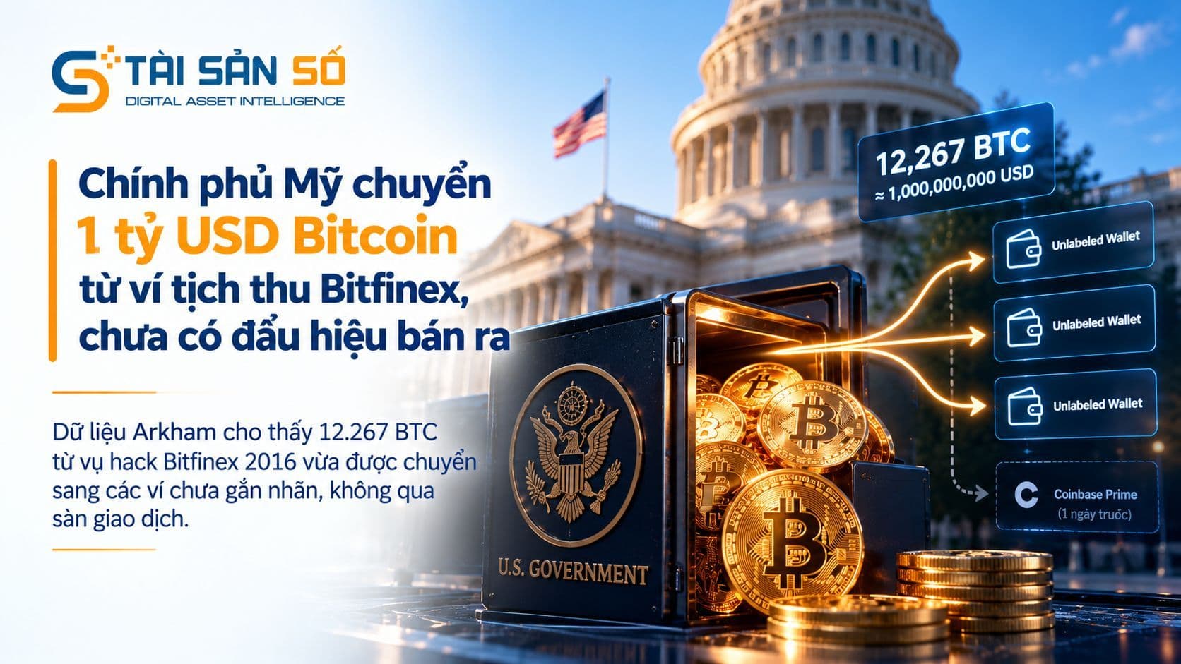 Chính phủ Mỹ chuyển 1 tỷ USD bitcoin từ ví tịch thu Bitfinex