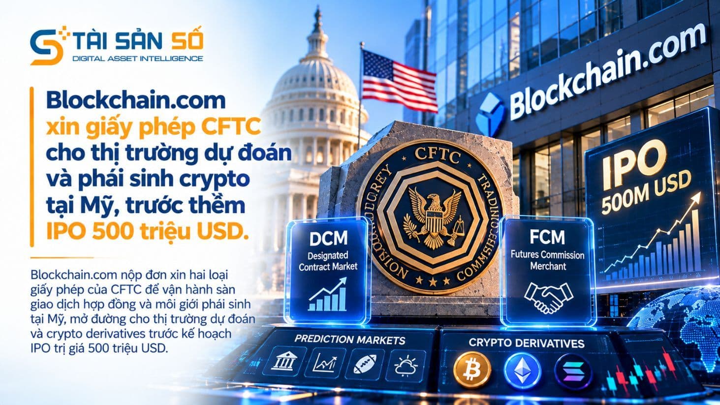 Blockchain.com xin giấy phép CFTC cho thị trường dự đoán và phái sinh crypto tại Mỹ, trước thềm IPO 500 triệu USD